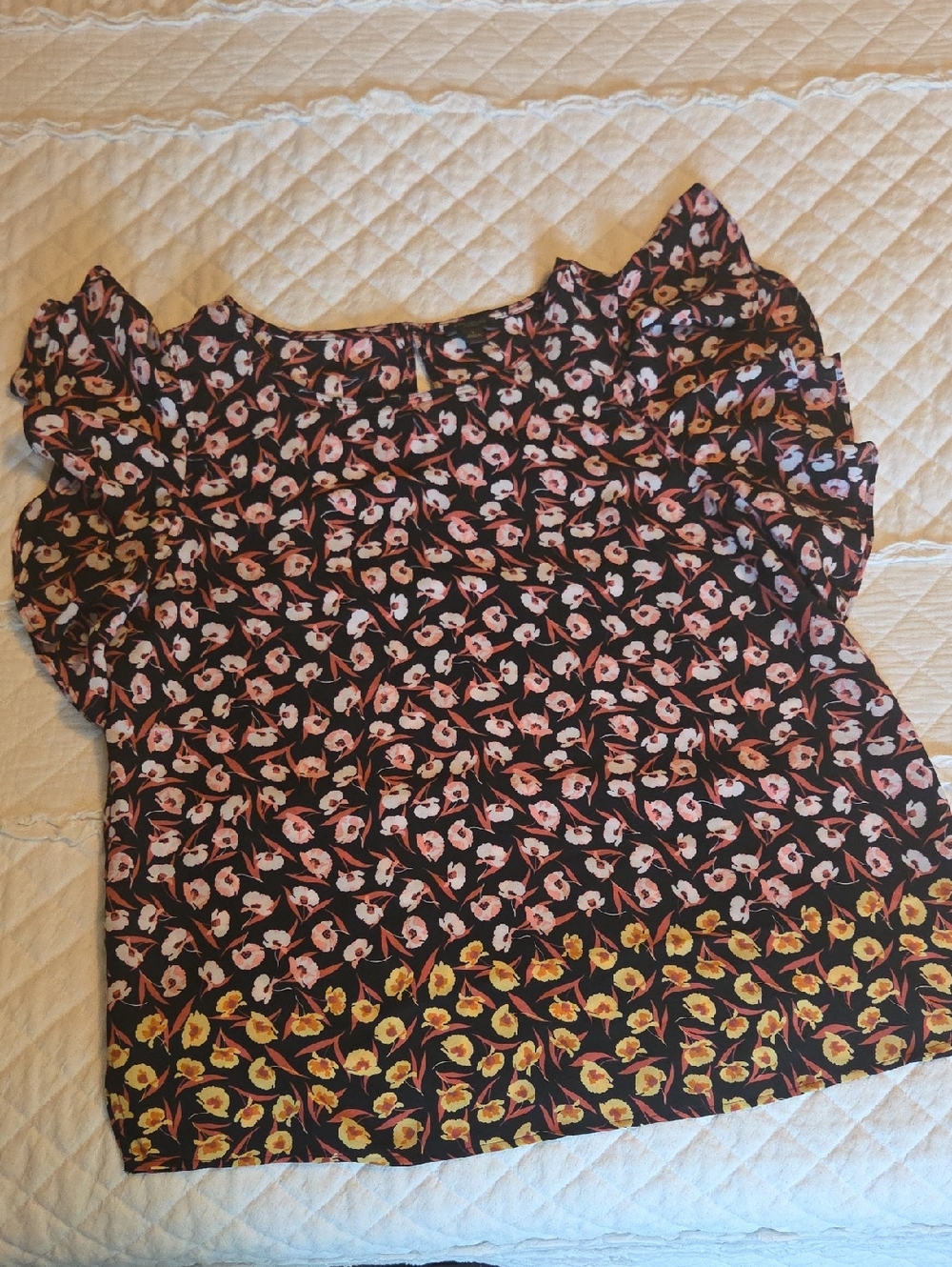 Ann Taylor FactoryBlack Floral Ruffle Sleeve Blouse with Pink and Yellow Flowers